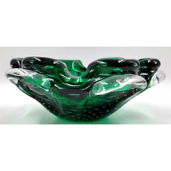 Murano Green Bullicante Controlled Bubble Art Glass Bowl Ruffled Edge 8" Italy - Picture 5 of 9